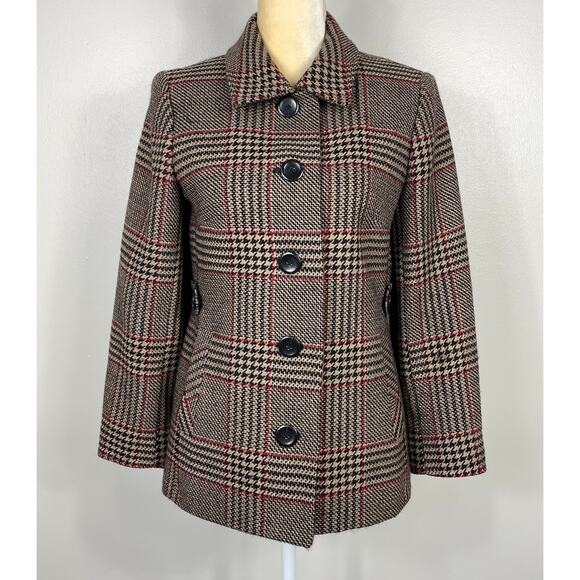 Talbots Plaid Wool Button-Up Blazer Tan Black Houndstooth 8 Petite Pea Coat - Picture 2 of 9